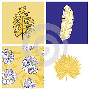 Beautiful tropical leaves and flowers summer pattern design and isolated object set