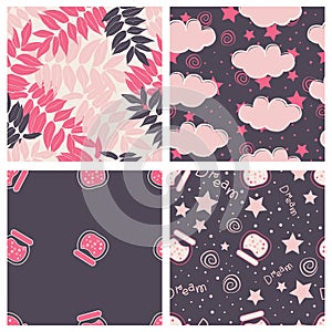 Beautiful tropical leaves and sky full of stars kids seamless pattern design set