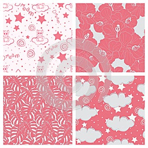 Beautiful tropical leaves and sky full of stars kids seamless pattern design set