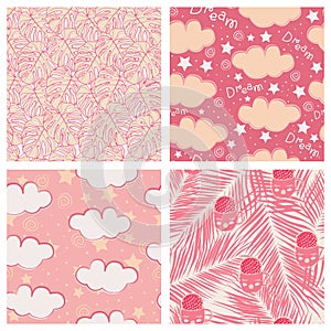 Beautiful tropical leaves and sky full of stars kids seamless pattern design set