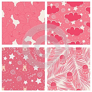 Beautiful tropical leaves and sky full of stars kids seamless pattern design set