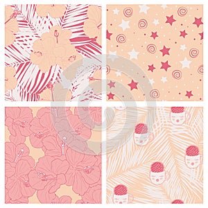 Beautiful tropical leaves and sky full of stars kids seamless pattern design set