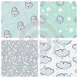 Beautiful tropical leaves and sky full of stars kids seamless pattern design set