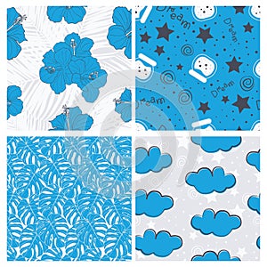 Beautiful tropical leaves and sky full of stars kids seamless pattern design set