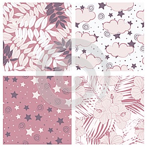 Beautiful tropical leaves and sky full of stars kids seamless pattern design set