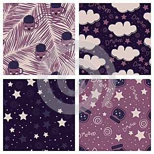 Beautiful tropical leaves and sky full of stars kids seamless pattern design set