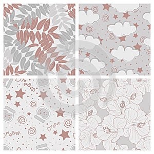 Beautiful tropical leaves and sky full of stars kids seamless pattern design set