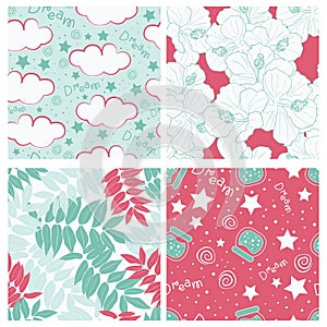 Beautiful tropical leaves and sky full of stars kids seamless pattern design set