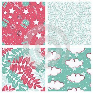 Beautiful tropical leaves and sky full of stars kids seamless pattern design set