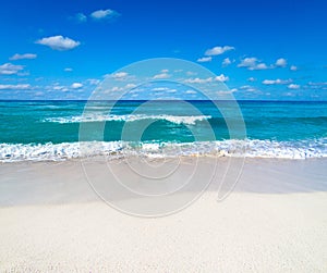 Beautiful tropical Maldives island with beach , sea , and blue sky for nature holiday vacation background