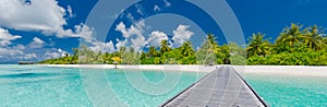 Beautiful tropical Maldives island with beach, sea, coconut palm tree on blue sky for nature holiday vacation