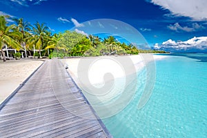 Beautiful tropical Maldives resort hotel island with beach and sea sand sky for holiday vacation background concept. Boost up co