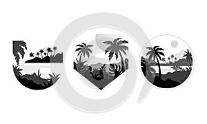 Beautiful Tropical Mountain Landscape in Geometric Shapes Set, Monochrome Rainforest Scenery with Palm Trees, Sky and