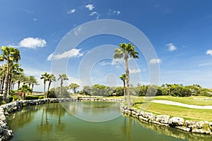 Beautiful tropical natural landscape view. Green grass field and pond water surface on blue sky with rare white clouds background