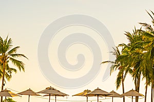 Beautiful tropical nature umbrella chair with palm tree around beach sea ocean at sunset or sunrise