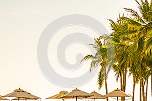 Beautiful tropical nature umbrella chair with palm tree around beach sea ocean at sunset or sunrise