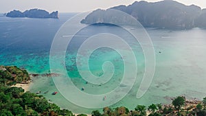 Beautiful tropical panoramic landscape with a bay at Phi Phi islands in Thailand.