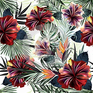 Beautiful tropical pattern with green palm leaves and hibiscus flowers design ideal for fabric photo