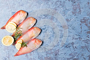 Beautiful tropical red sea fish Pearly razorfish on a blue background. Xyrichtys novacula, seafood from Mediterranean Sea. Fish