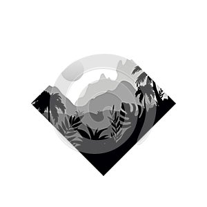 Beautiful tropical scenery with rainforest and mountains, monochrome landscape in geometric shape design vector