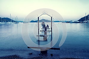 Beautiful tropical sea at dusk, Seascape & fishing boat at dusk