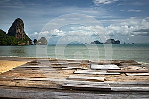 Beautiful tropical sea view and wooden planks