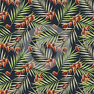 Beautiful tropical seamless pattern with hand drawn watercolor palm tree leaves and date fruit branches. Stock