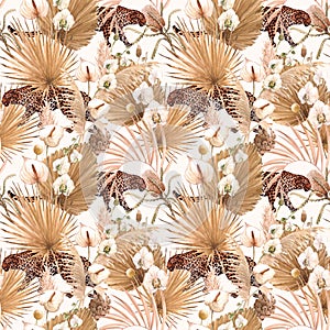 Beautiful tropical seamless pattern with watercolor hand drawn golden palm leaves white orchid anthurium flowers and