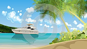Beautiful tropical seashore with palms and yacht in water