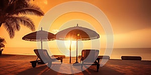 Beautiful tropical sunset scenery, two sun beds, loungers, umbrella under palm tree Generative AI technology