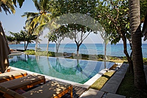 Beautiful tropical swimming pool in hotel or resort with umbrella, coconuts tree sun-loungers in Bali
