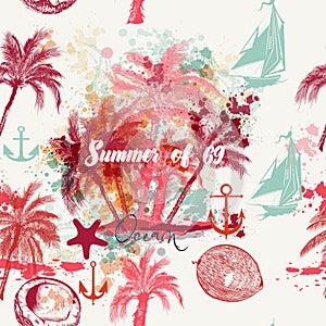 Beautiful tropical vacation pattern with pink palms and grunges. photo
