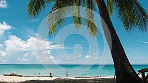 Beautiful tropical view, silhouette of palm leaves on the background of the blue sky and sea during daytime. Thailand