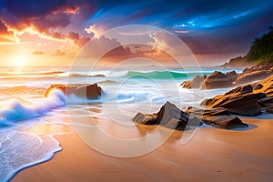 Beautiful tropical waves of sea water break on a sandy beach with seashells