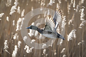 Beautiful Tufted Duck Anatidae in flight.