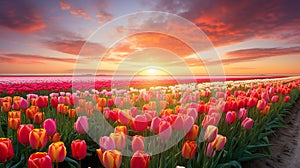 Beautiful Tulip fields at sunrise. beautiful Nature Landscape. generative AI