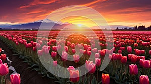 Beautiful Tulip fields at sunrise. beautiful Nature Landscape. generative AI
