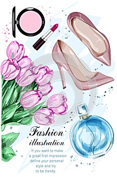 Beautiful tulip flowers with cute parfum, stylish shoes and cosmetics.