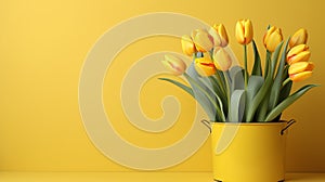 Beautiful tulip flowers in yellow pot can on yellow background. Generative Ai