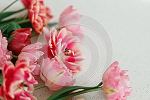 Beautiful tulips on grey stone background, space for text. Stylish floral bouquet. Happy Valentines day, mother\'s day.