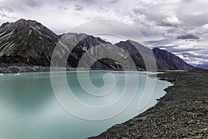 Beautiful turqouise Tasman Glacier Lake and Rocky Mountains of the Mount Cook National Park