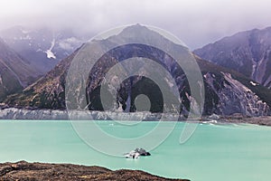 Beautiful turqouise Tasman Glacier Lake and Rocky Mountains of the Mount Cook National Park