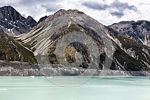 Beautiful turqouise Tasman Glacier Lake and Rocky Mountains of the Mount Cook National Park, New Zealand photo