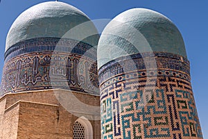 Beautiful turquoise domes of mausoleums of Shahi Zinda, Samarkand, Uzbekistan