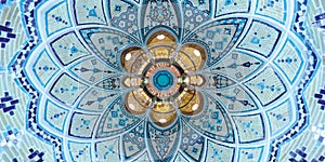 Beautiful turquoise geometric architecture patterns on ceiling of Middle East traditional bath house in Kashan, Iran