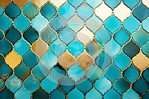 Beautiful turquoise and golden oriental mosaic pattern tile wall background