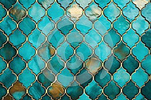 Beautiful turquoise and golden oriental style mosaic pattern tile wall background