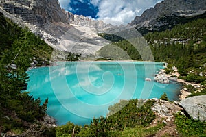 Beautiful Turquoise Lago di Sorapis Lake with Dolomites Mountains