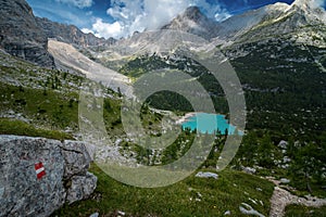 Beautiful Turquoise Lago di Sorapis Lake with Dolomites Mountains