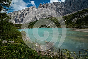 Beautiful Turquoise Lago di Sorapis Lake with Dolomites Mountains